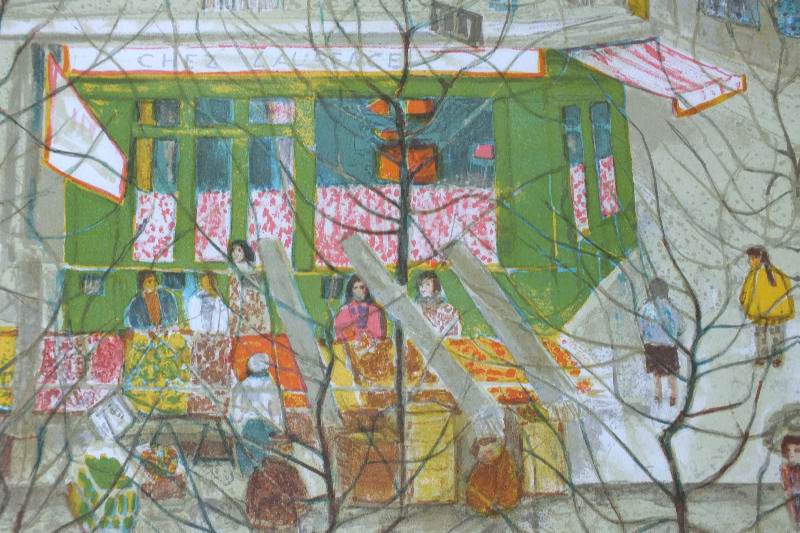 A signed and numbered 223/260, print by artist Nathalie Chabrier which depicts a Parisian street scene from a unique folk art perspective