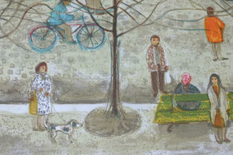 A signed and numbered 223/260, print by artist Nathalie Chabrier which depicts a Parisian street scene from a unique folk art perspective