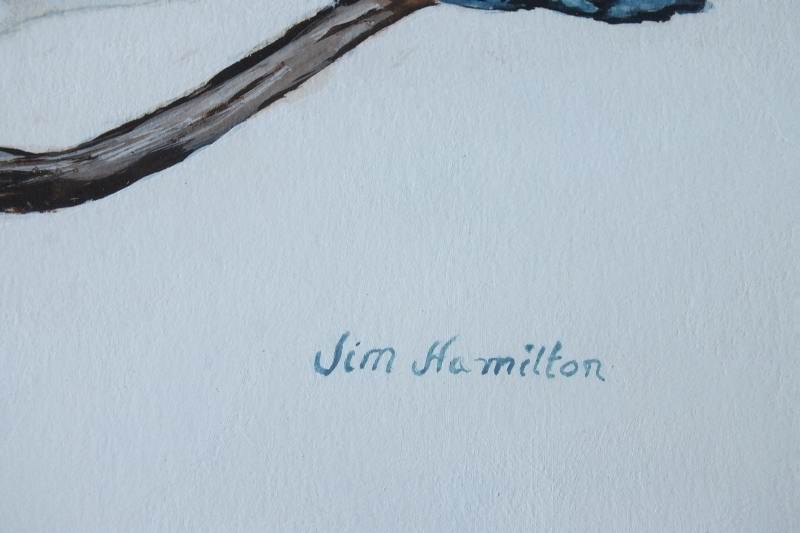 An original watercolor signed by artist, Jim Hamilton, which depicts blue jays on a branch