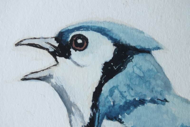 An original watercolor signed by artist, Jim Hamilton, which depicts blue jays on a branch
