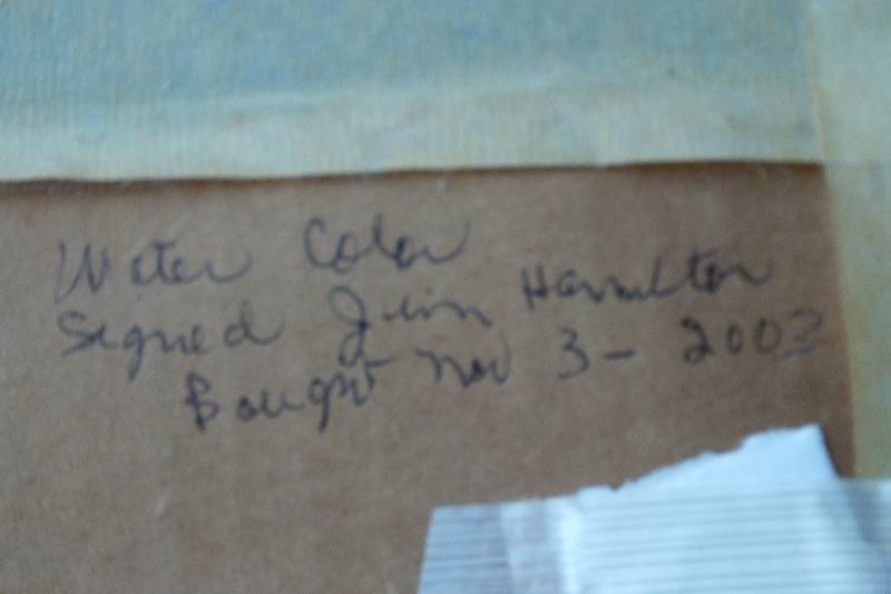 An original watercolor signed by artist, Jim Hamilton, which depicts blue jays on a branch