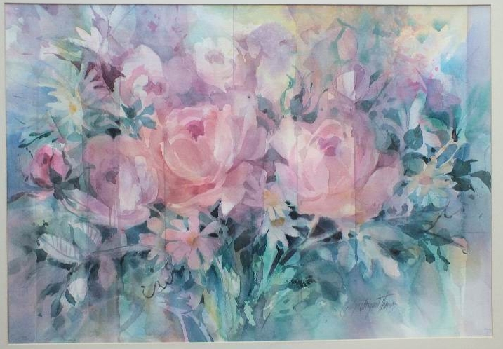 A lovely, cabbage rose and floral stillife original watercolor signed by local Cincinnati artist, Carolyn Utigard Thomas
