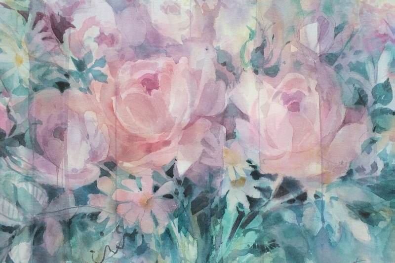 A lovely, cabbage rose and floral stillife original watercolor signed by local Cincinnati artist, Carolyn Utigard Thomas