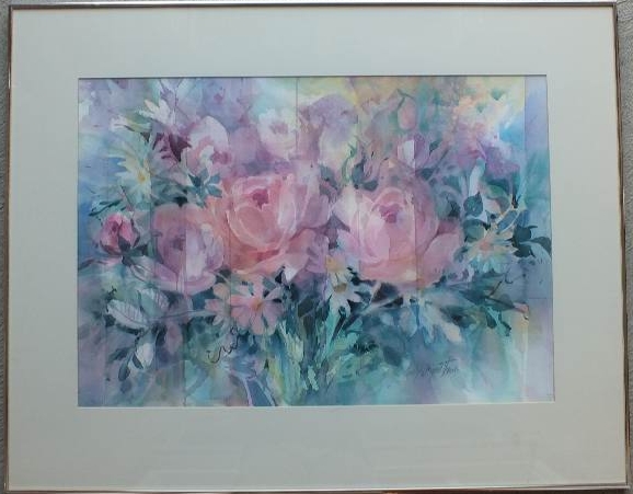 A lovely, cabbage rose and floral stillife original watercolor signed by local Cincinnati artist, Carolyn Utigard Thomas