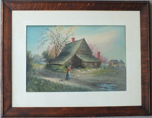 An original watercolor signed and dated by artist, M. T. De La Rue, 1913, which depicts a simpler time on the farm with wonderful farmhouse, ducks and woman walking in spring time