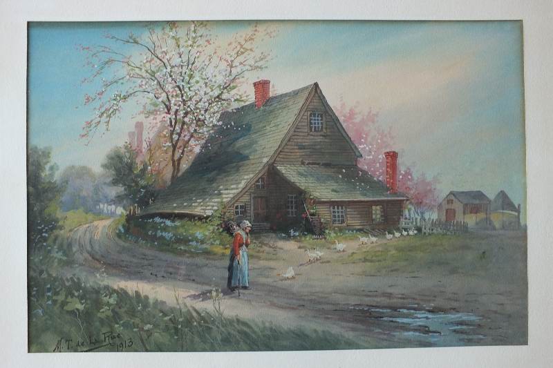 An original watercolor signed and dated by artist, M. T. De La Rue, 1913, which depicts a simpler time on the farm with wonderful farmhouse, ducks and woman walking in spring time