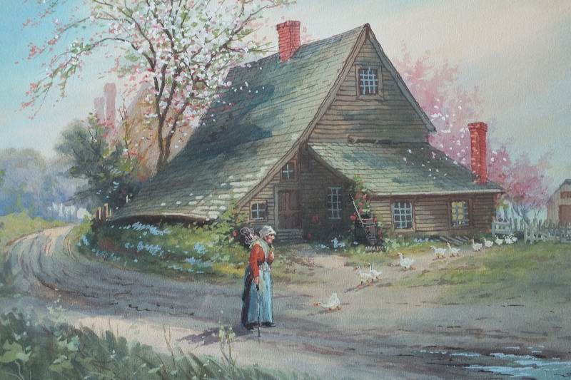 An original watercolor signed and dated by artist, M. T. De La Rue, 1913, which depicts a simpler time on the farm with wonderful farmhouse, ducks and woman walking in spring time