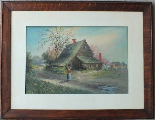 An original watercolor signed and dated by artist, M. T. De La Rue, 1913, which depicts a simpler time on the farm with wonderful farmhouse, ducks and woman walking in spring time