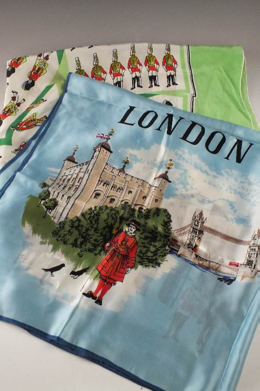 Two silk scarves made in London each depicting our favorite tourist places and icons of this great city