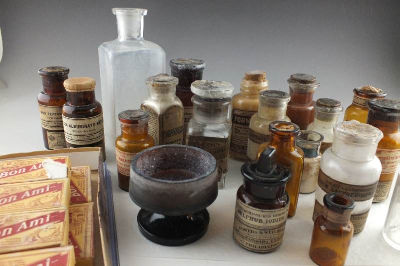 Antique glass bottles filled with Chemical compounds