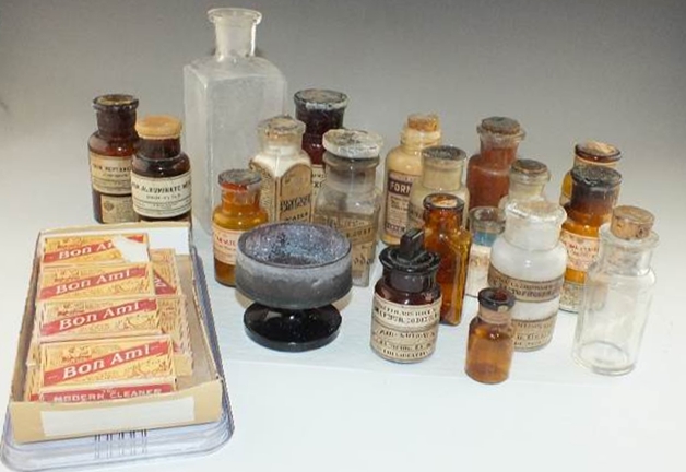Antique glass bottles filled with Chemical compounds
