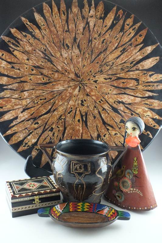 Group of Large Wood Platter and St. Clair Pottery Vessel
