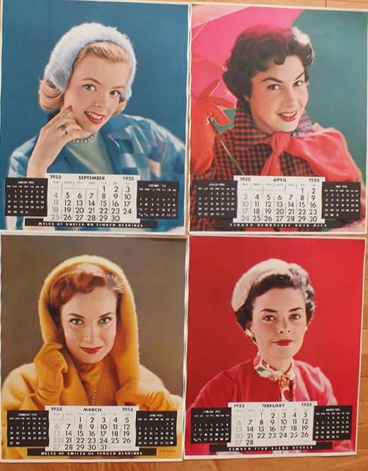 Group of Nine Colored Calendar Pages from 1955