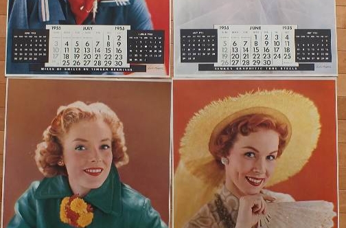 Group of Nine Colored Calendar Pages from 1955