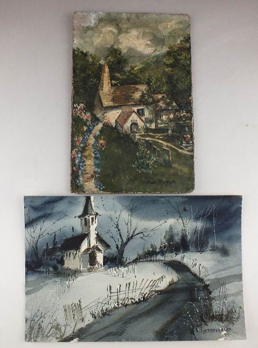 Two Original Church Landscape Art Pieces