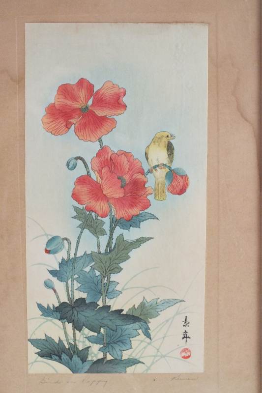 Framed Asian Wood Block Print "Bird and Poppy"