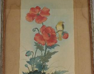 Framed Asian Wood Block Print "Bird and Poppy"