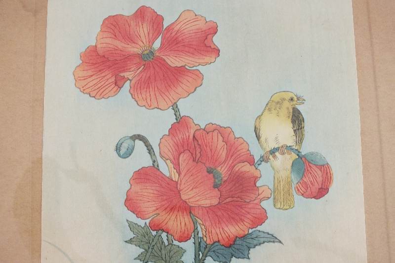 Framed Asian Wood Block Print "Bird and Poppy"