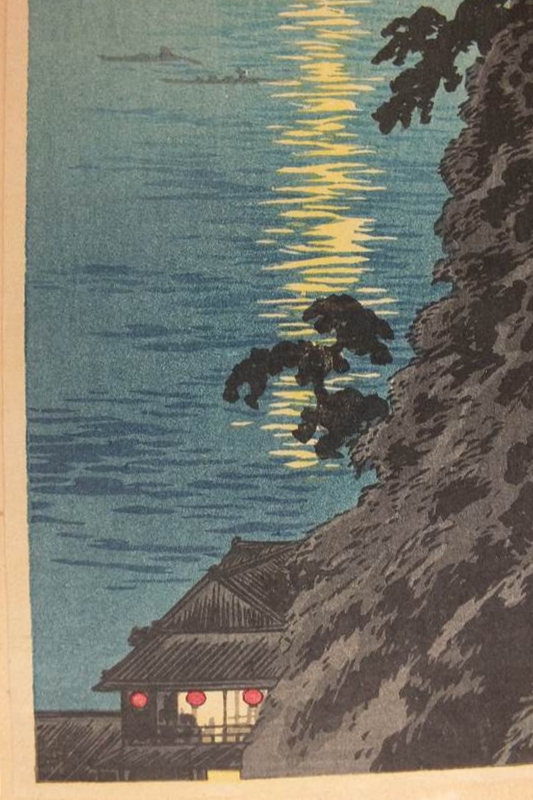 Asian Wood Block Print of Sea Scape and Mountains