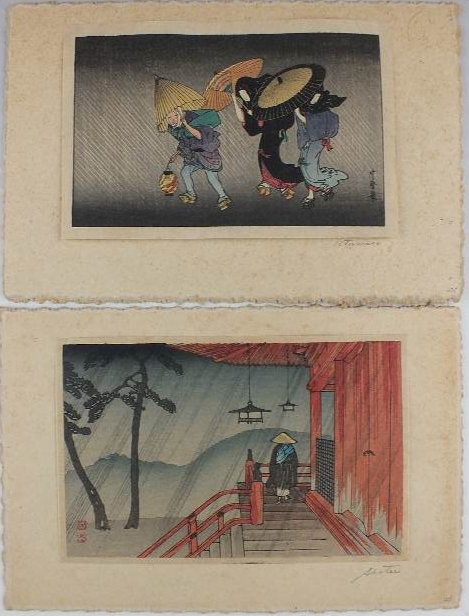 Pair of  Antique Asian Wood Block Prints