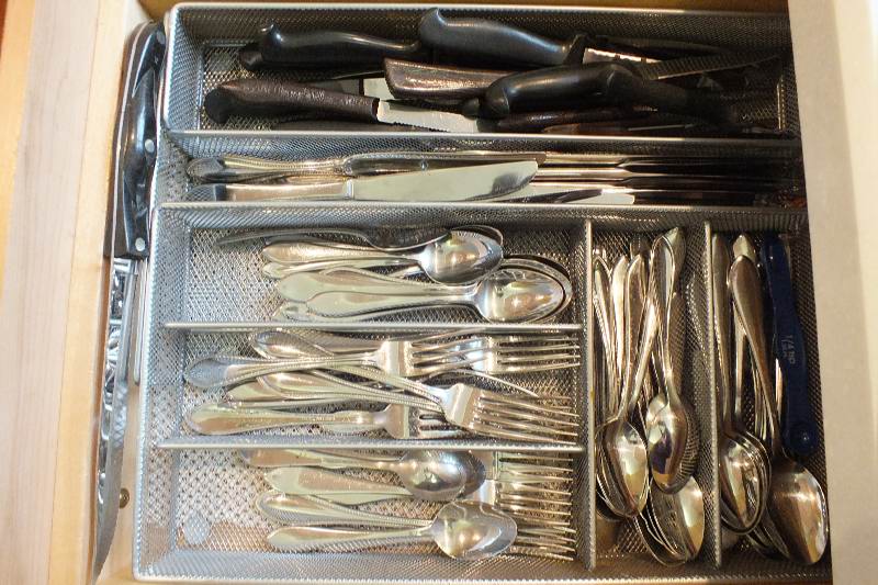 Grouping of Cooking Utensils, Kitchen Gadgets, and Stainless Flatware
