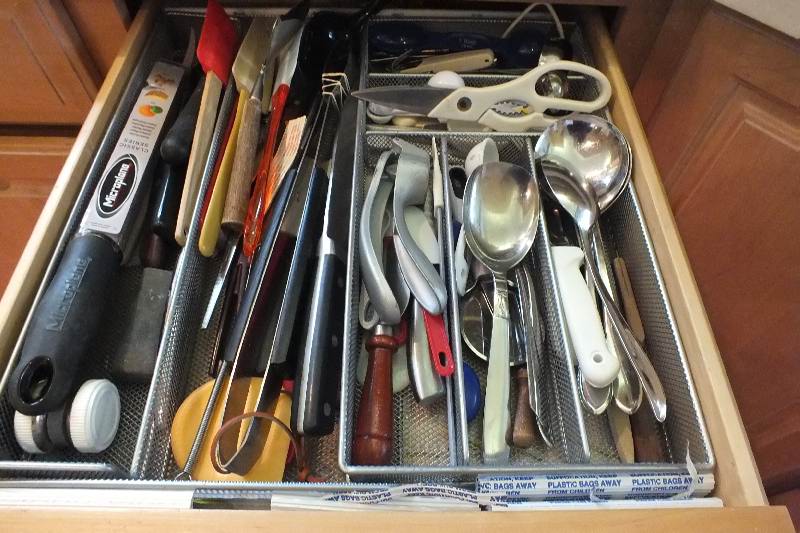 Grouping of Cooking Utensils, Kitchen Gadgets, and Stainless Flatware