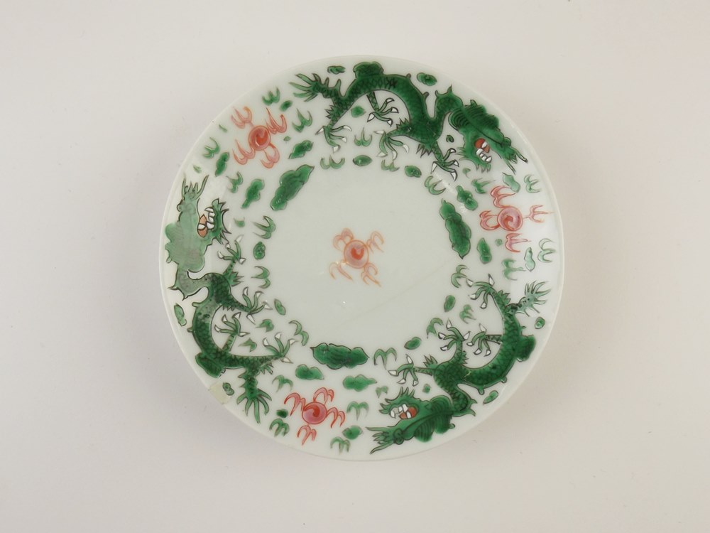 Chinese Famille Verte Porcelain Plates and Scalloped Bowl