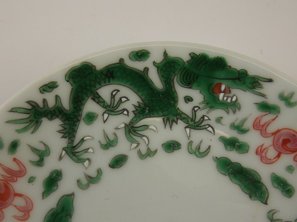 Chinese Famille Verte Porcelain Plates and Scalloped Bowl