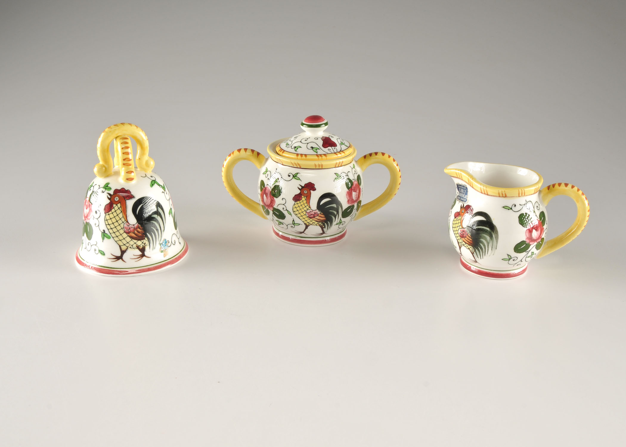 Vintage three piece set of hand decorated ceramics with Rooster and floral design 