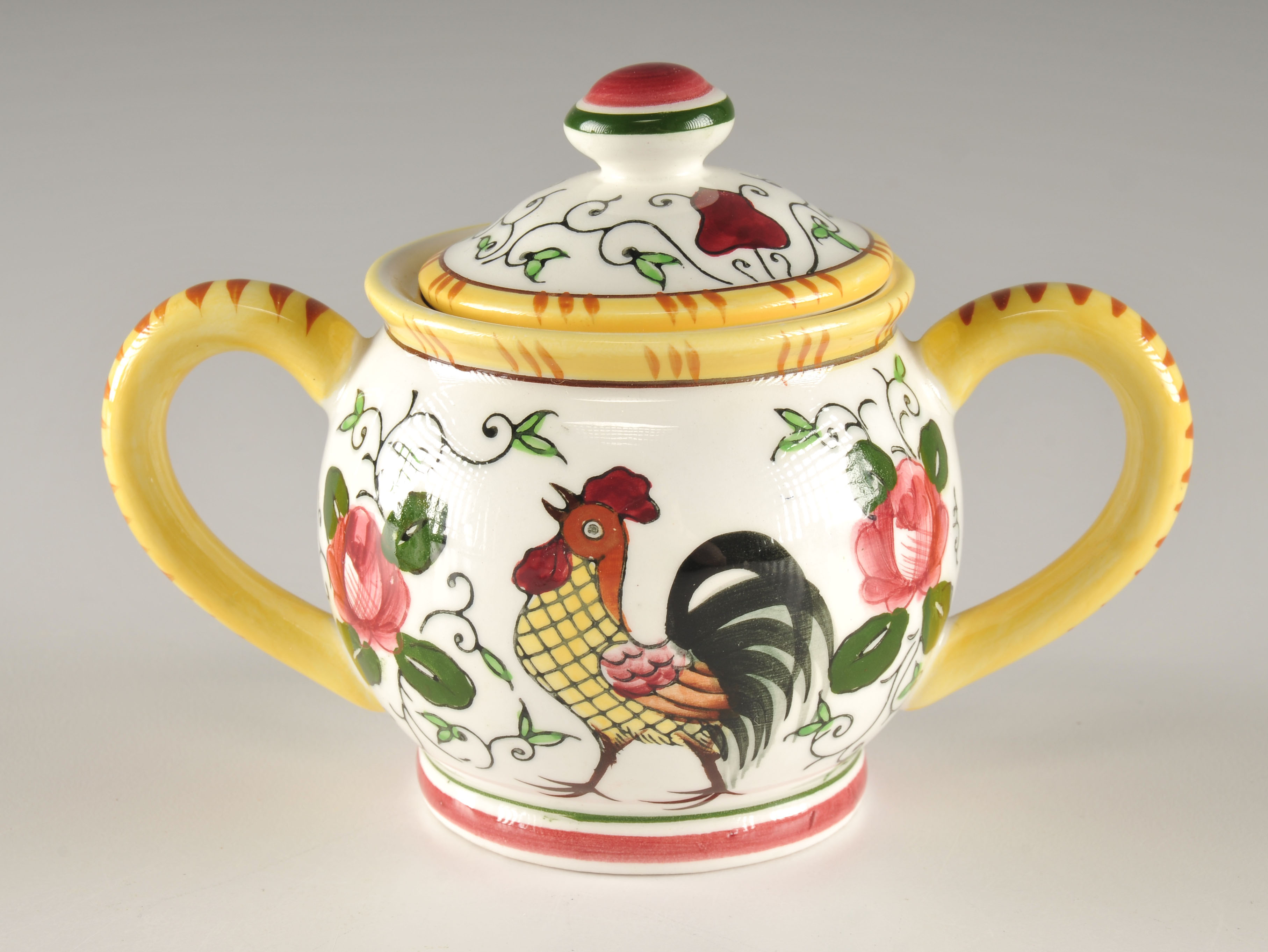 Vintage three piece set of hand decorated ceramics with Rooster and floral design 