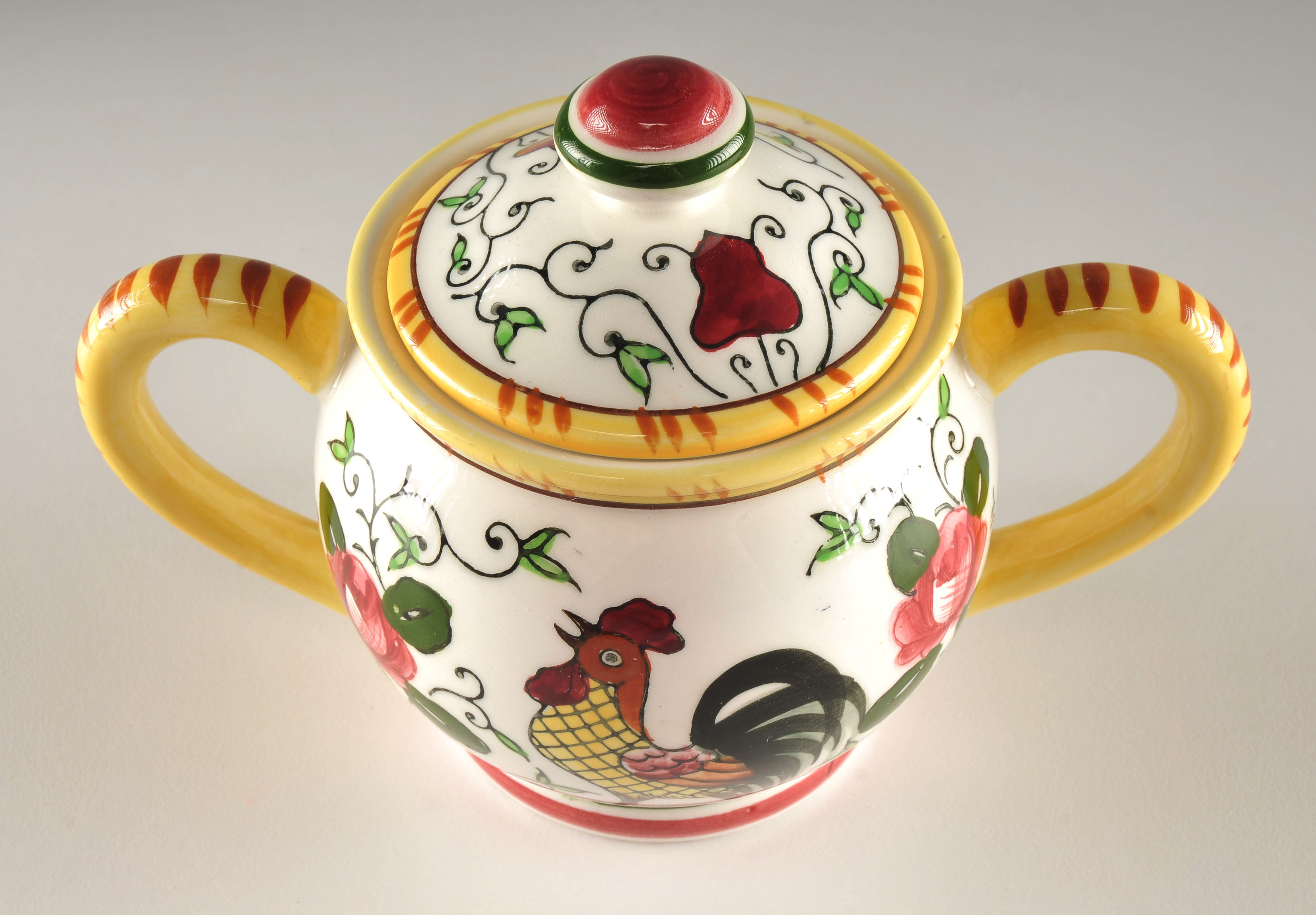 Vintage three piece set of hand decorated ceramics with Rooster and floral design 