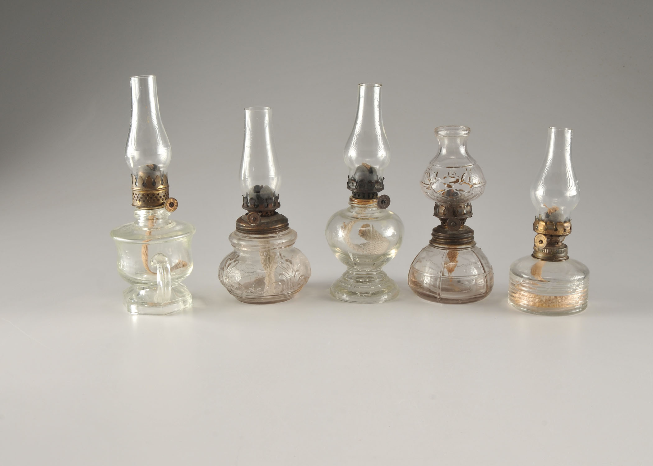 5 glass miniature oil lamps circa late 1800's