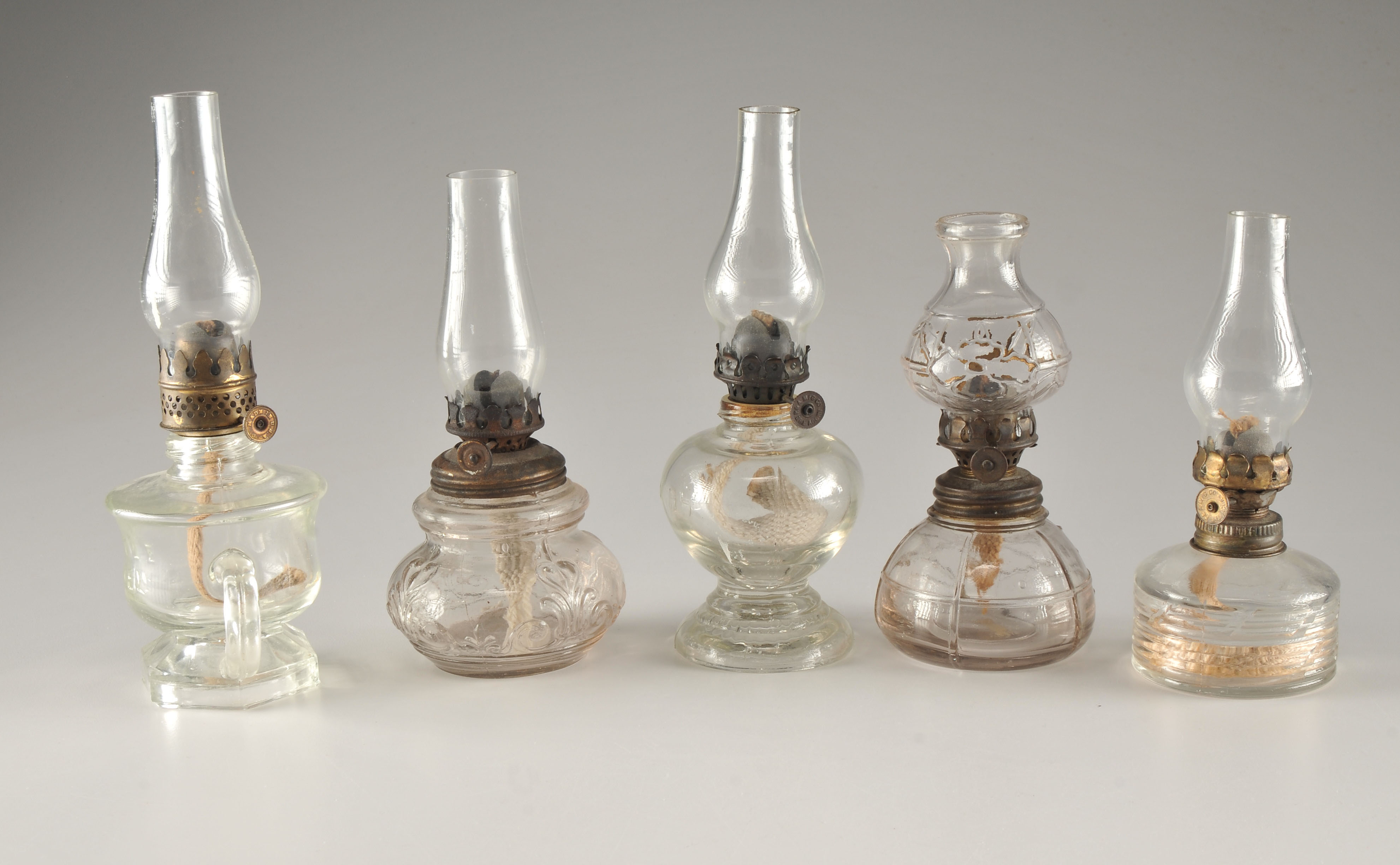 5 glass miniature oil lamps circa late 1800's