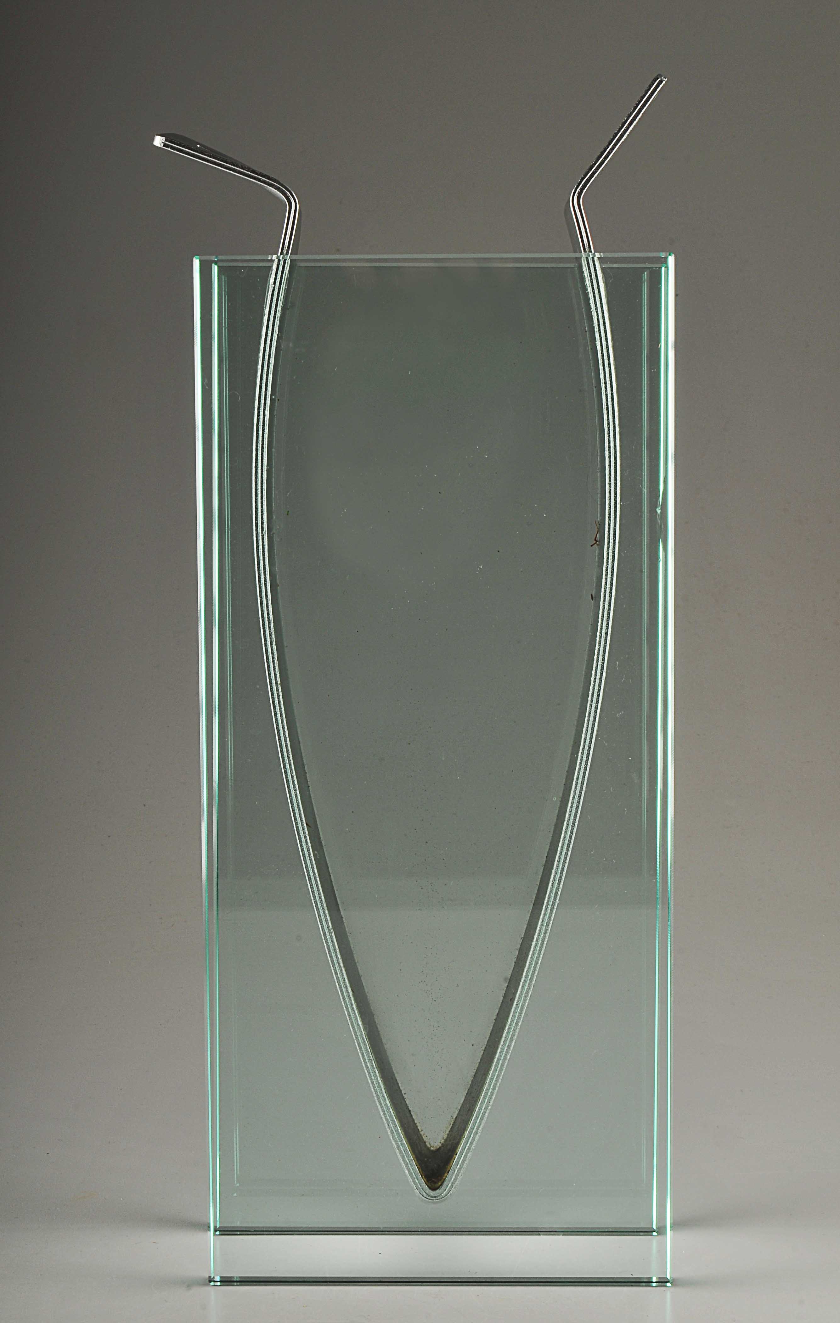 Italian Modern V-Shaped Glass and Metal Vase