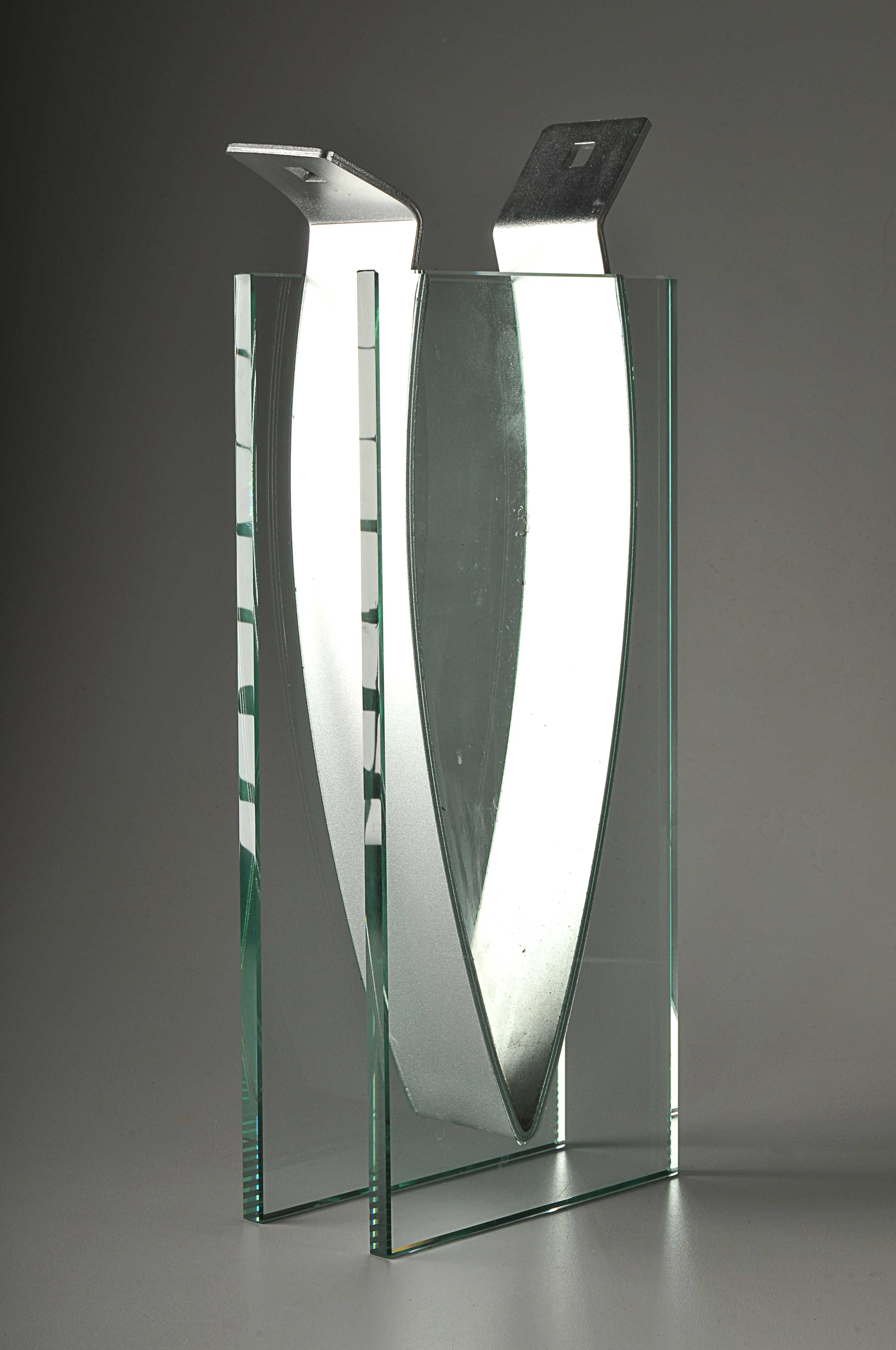 Italian Modern V-Shaped Glass and Metal Vase