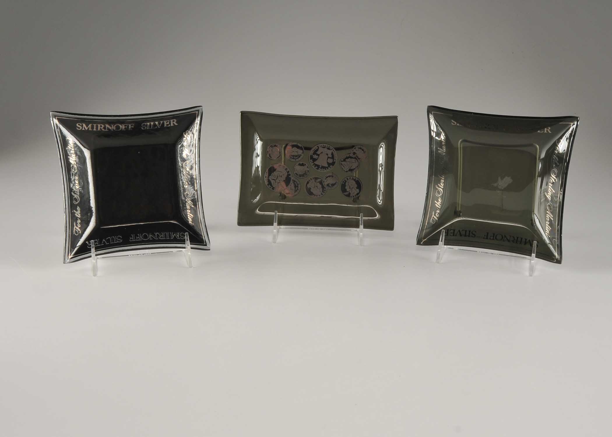 Set of Three Black Smoke Glass Ashtrays