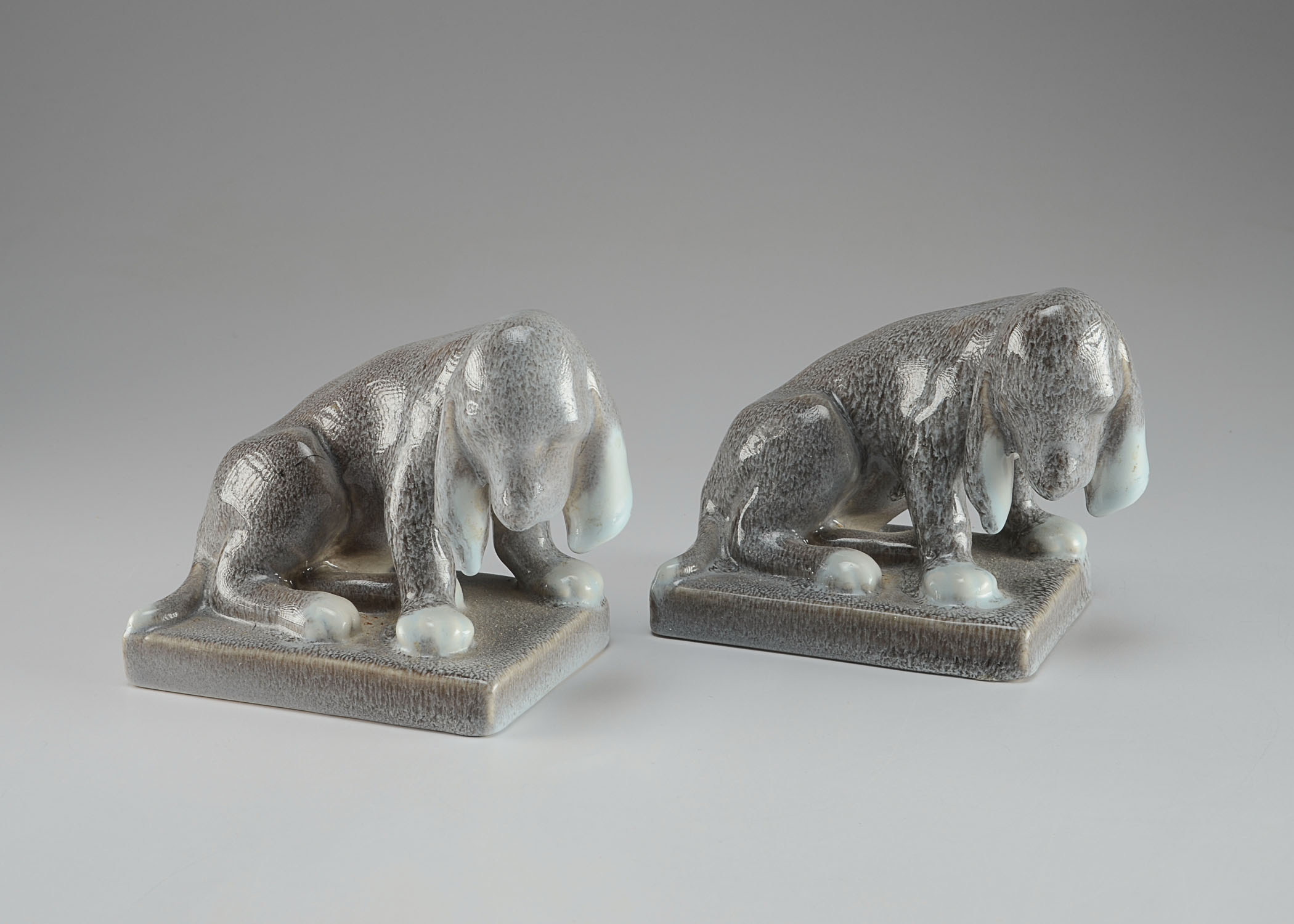 Rookwood Pottery Bookends, Figural Hound Dog Pups