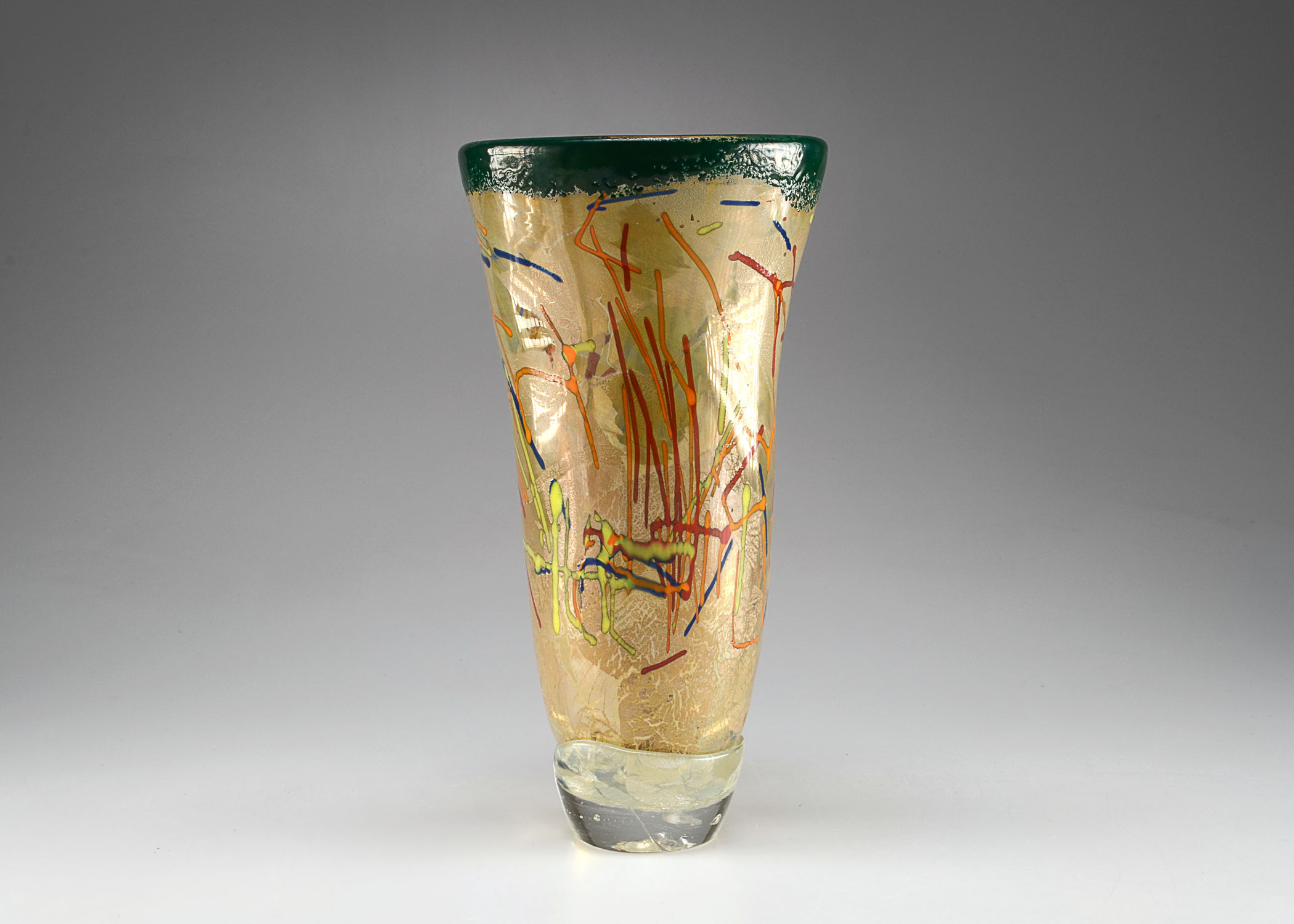 Arthur Allison Art Glass Vase, Hand Blown in Gold and Green Glass, Signed