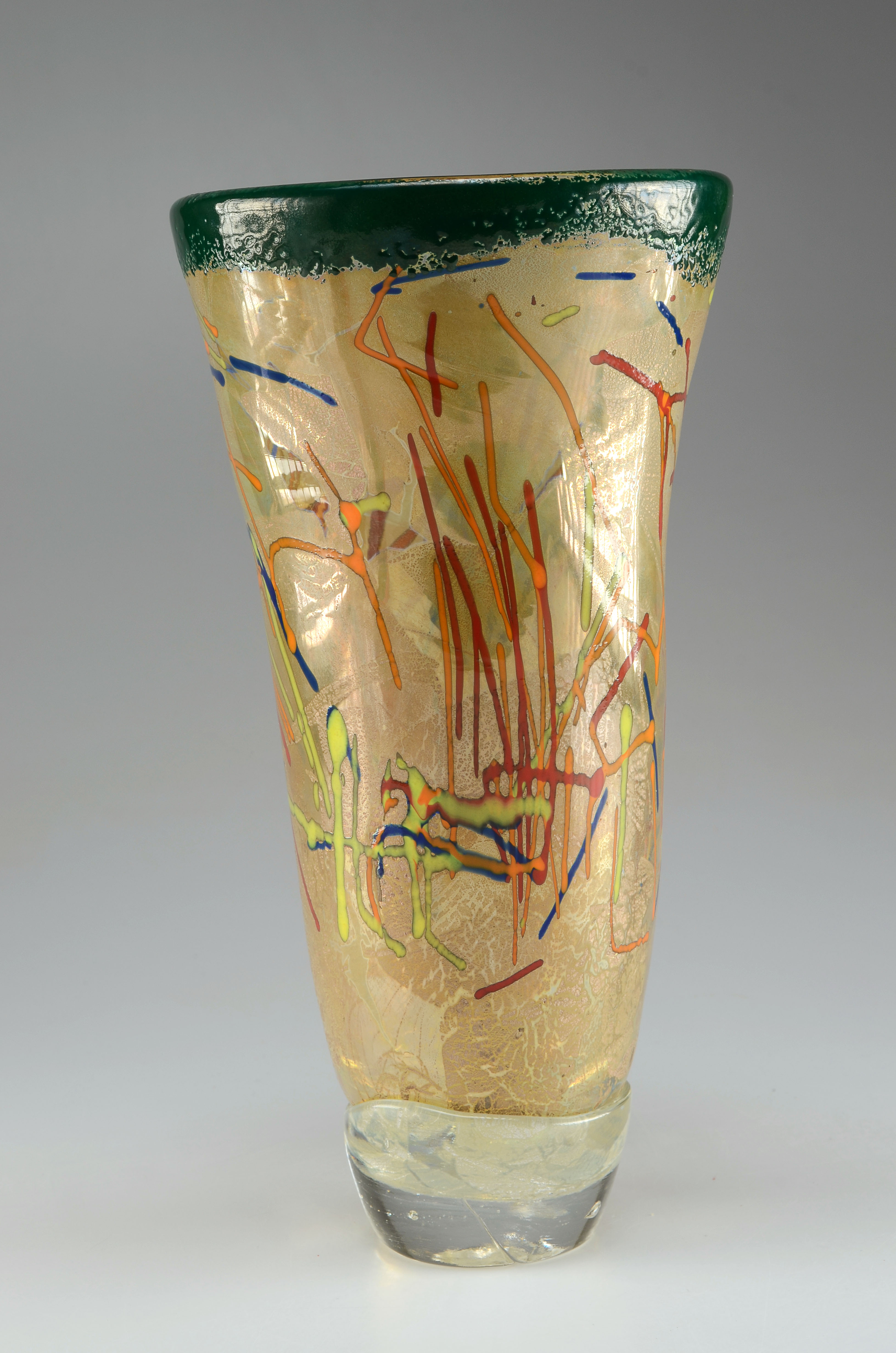 Arthur Allison Art Glass Vase, Hand Blown in Gold and Green Glass, Signed