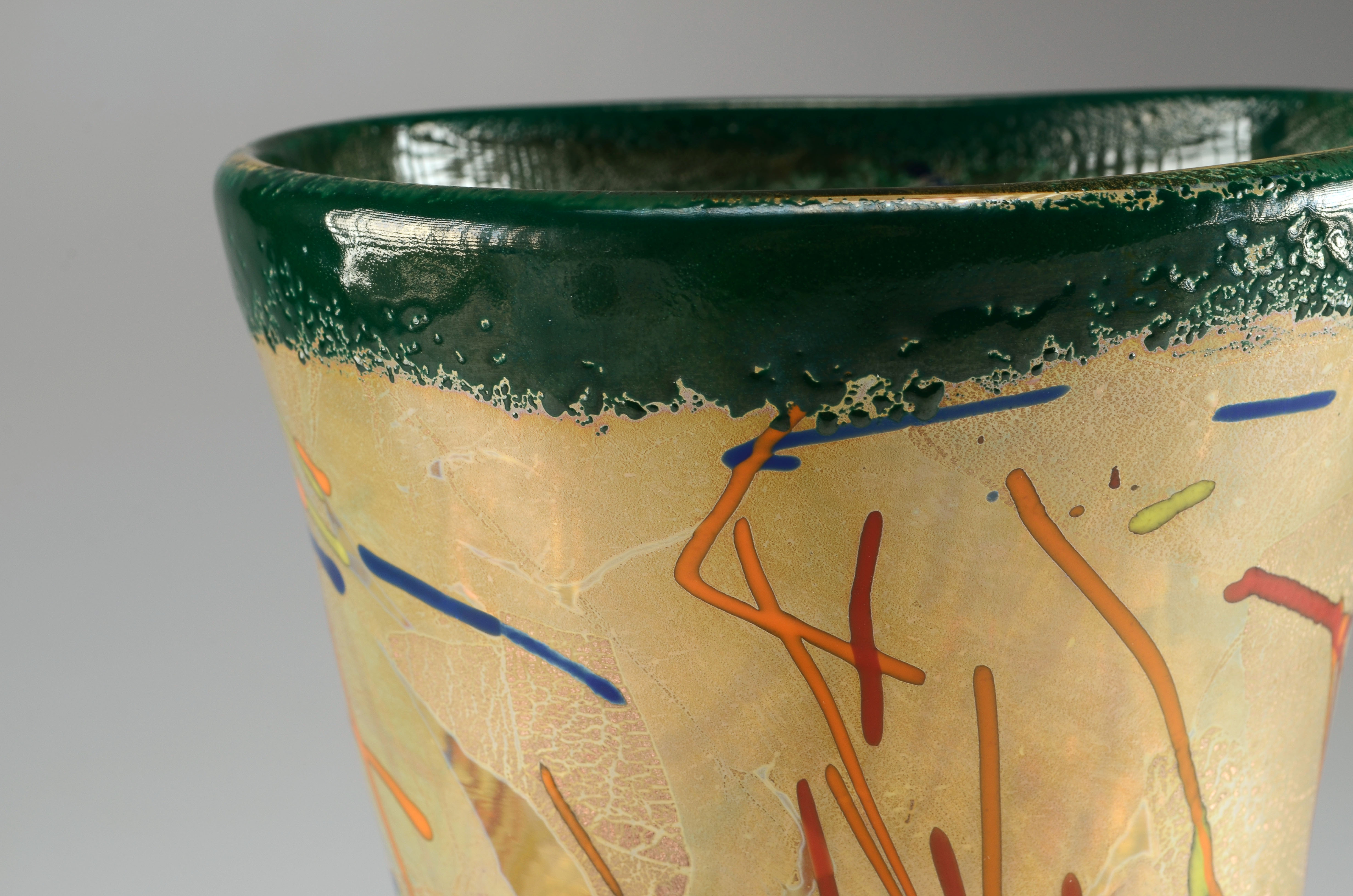 Arthur Allison Art Glass Vase, Hand Blown in Gold and Green Glass, Signed