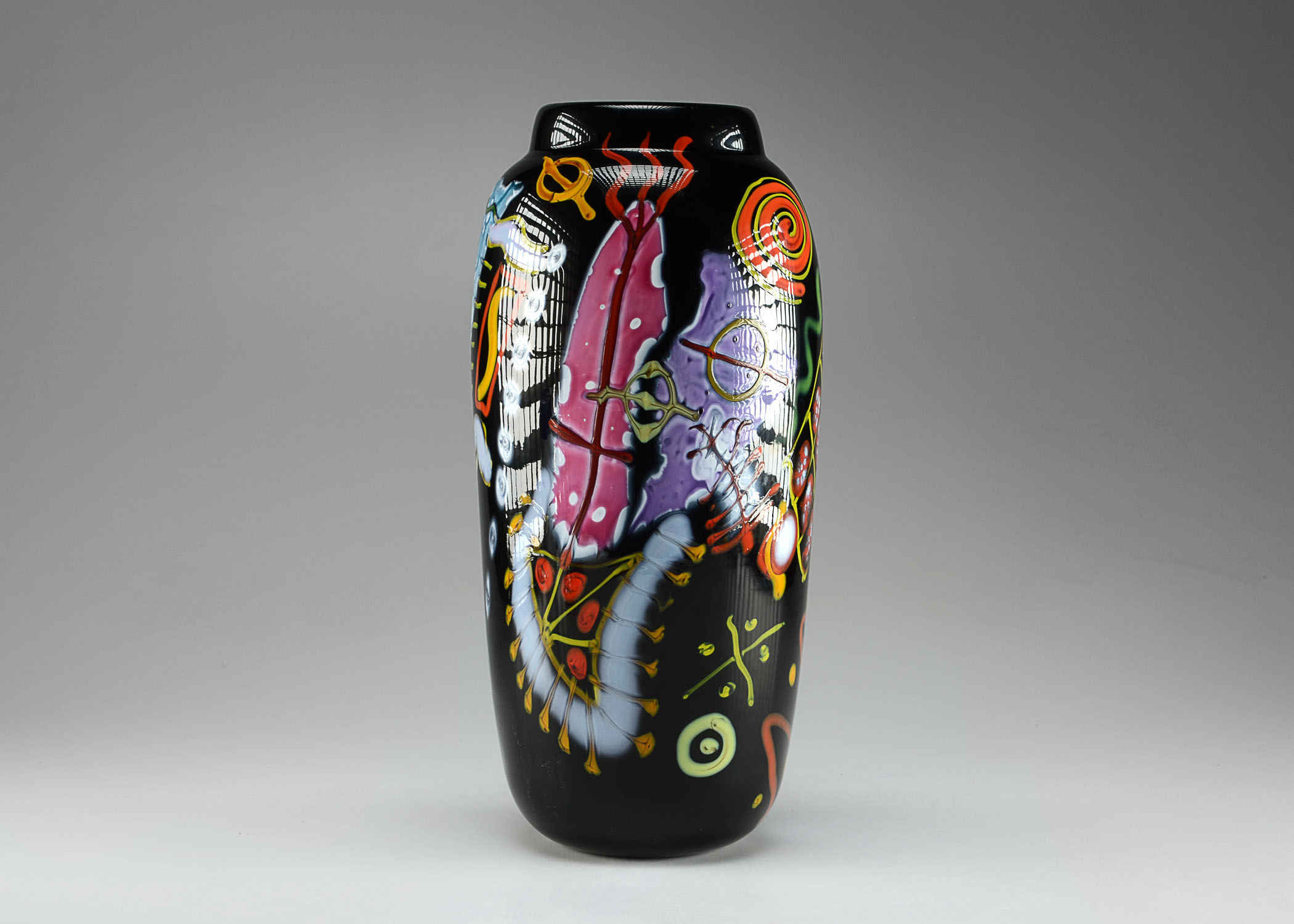 Arthur Allison Art Glass Vase, Hand Blown in Black with Vibrant Coloration, Signed