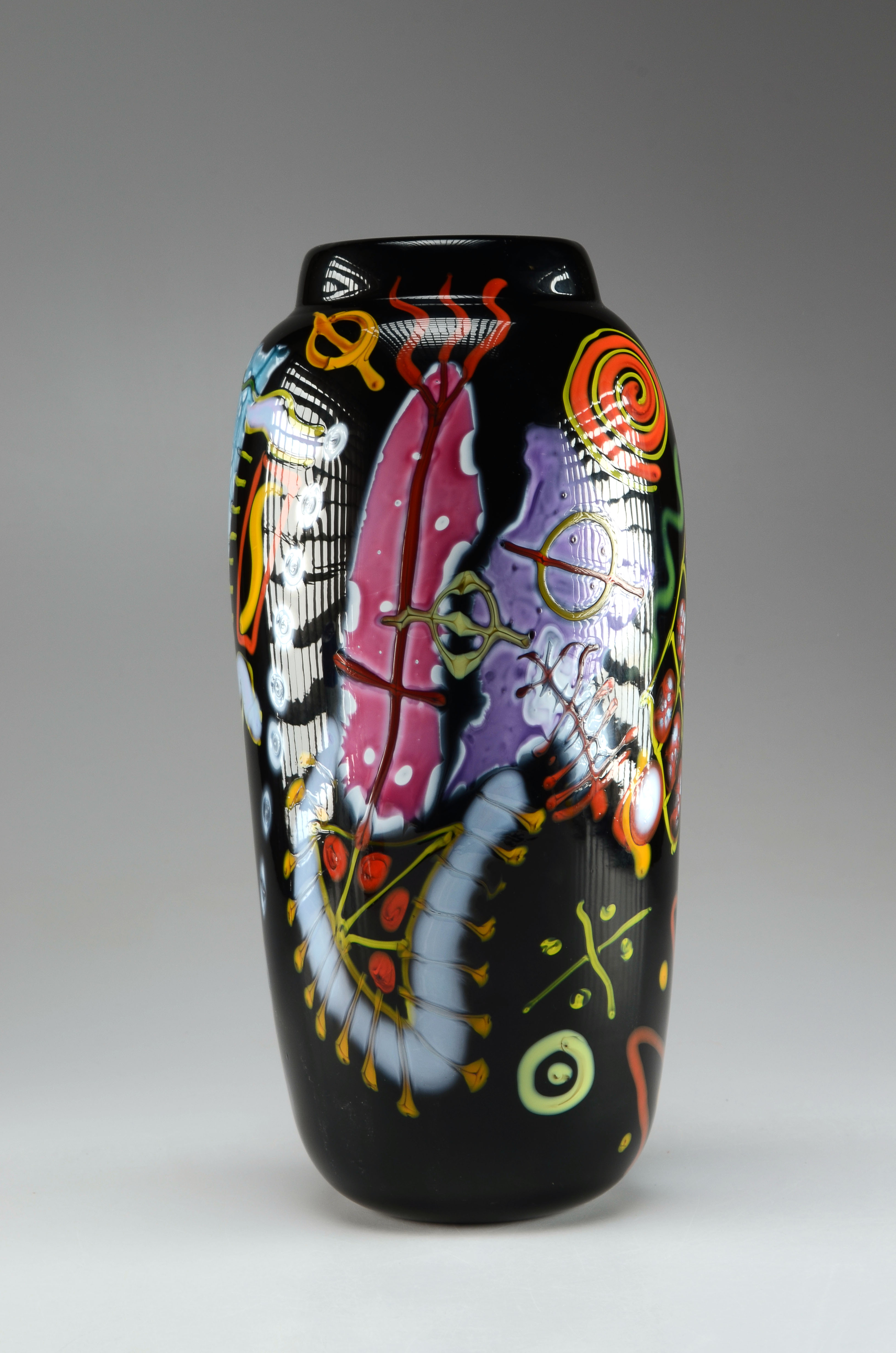 Arthur Allison Art Glass Vase, Hand Blown in Black with Vibrant Coloration, Signed