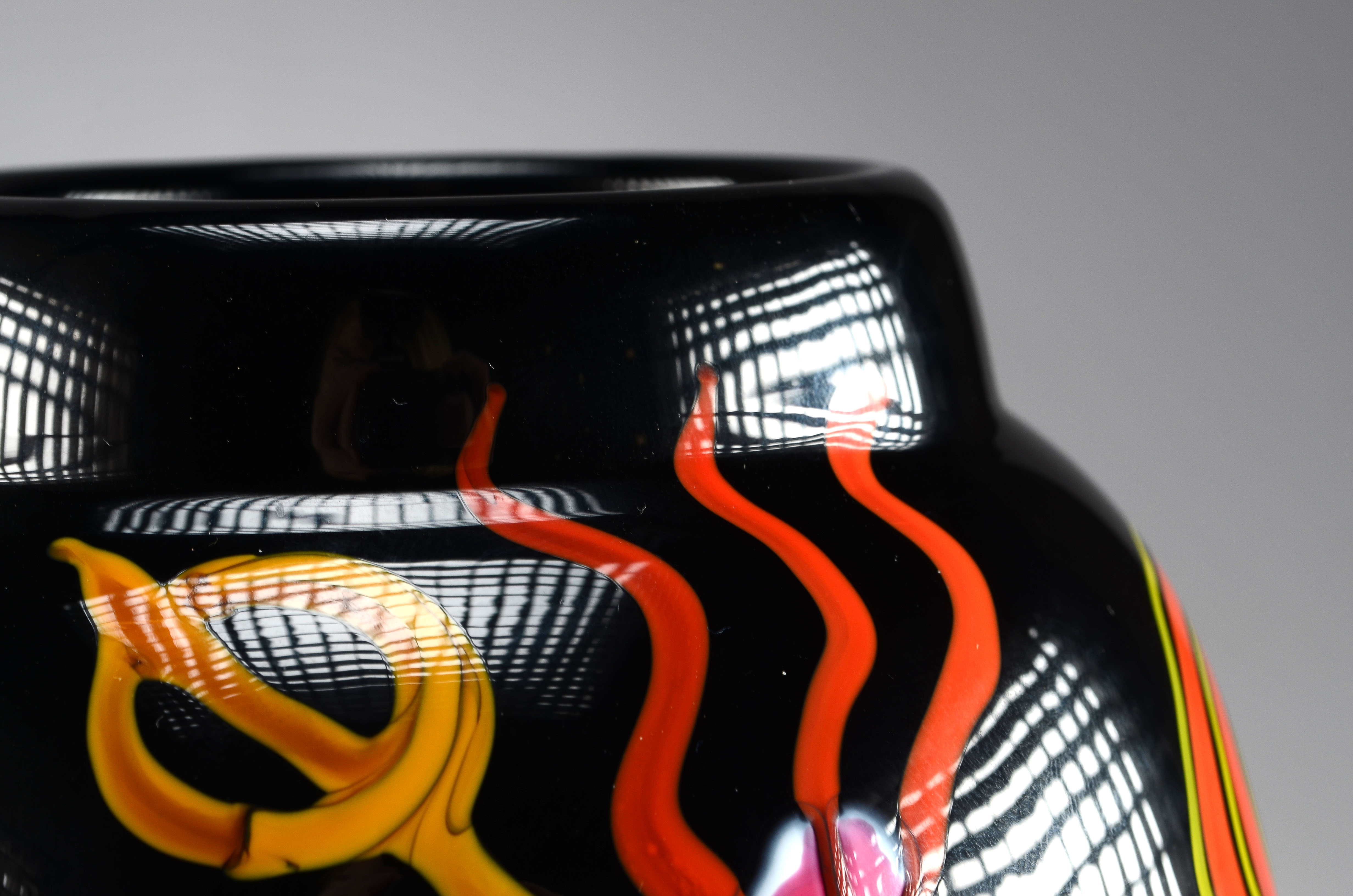 Arthur Allison Art Glass Vase, Hand Blown in Black with Vibrant Coloration, Signed