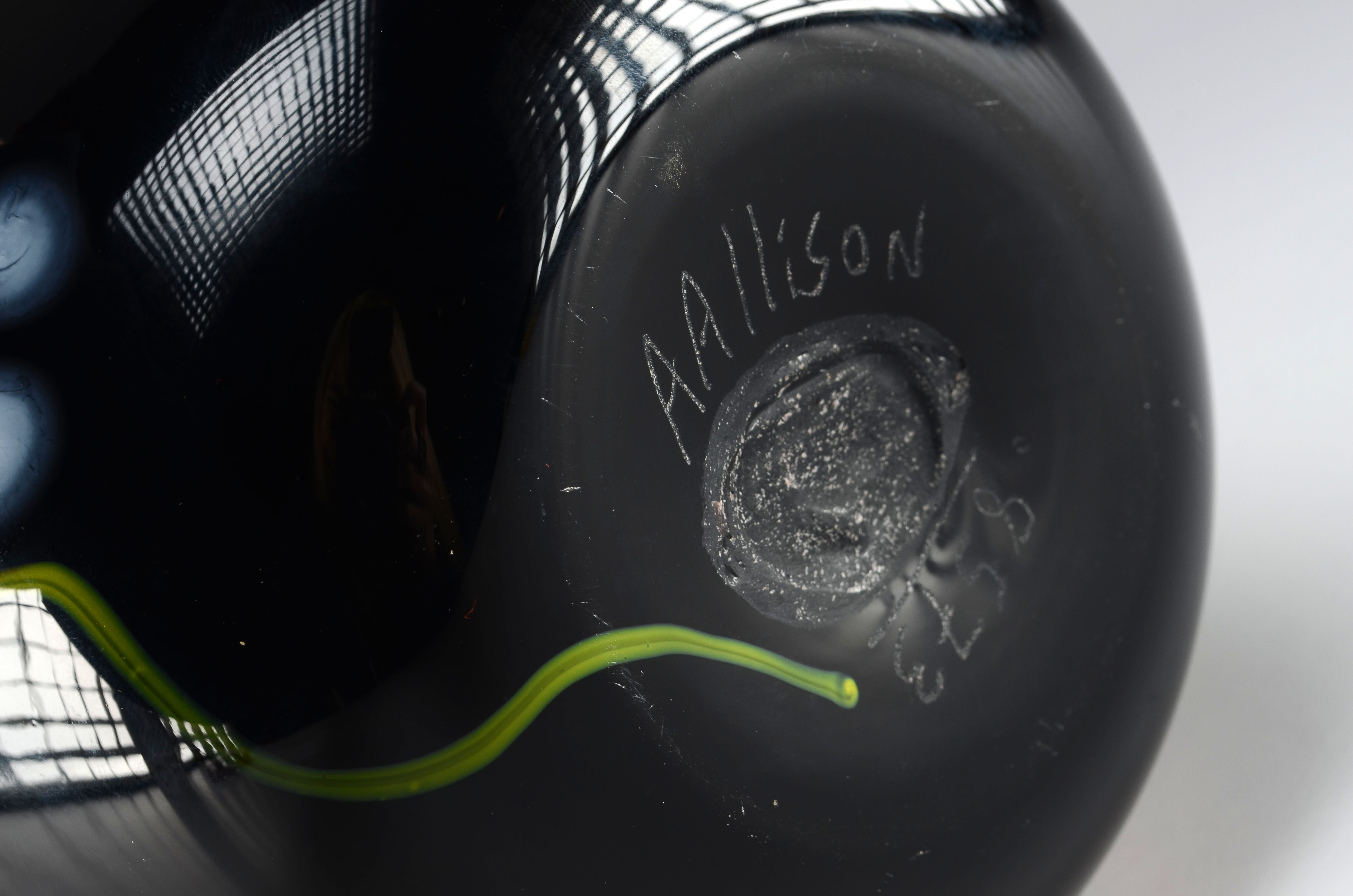 Arthur Allison Art Glass Vase, Hand Blown in Black with Vibrant Coloration, Signed