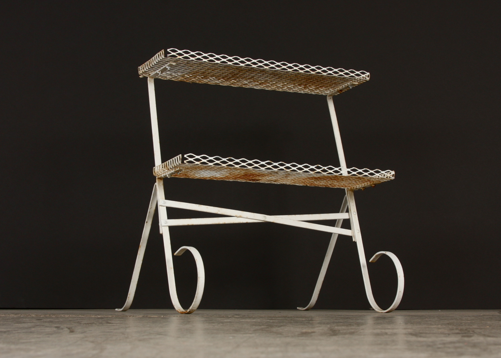 White Wrought Iron and Iron Mesh Two Level Plant Stand