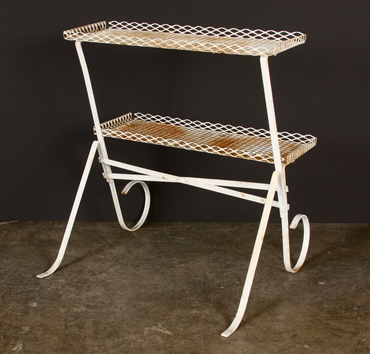 White Wrought Iron and Iron Mesh Two Level Plant Stand