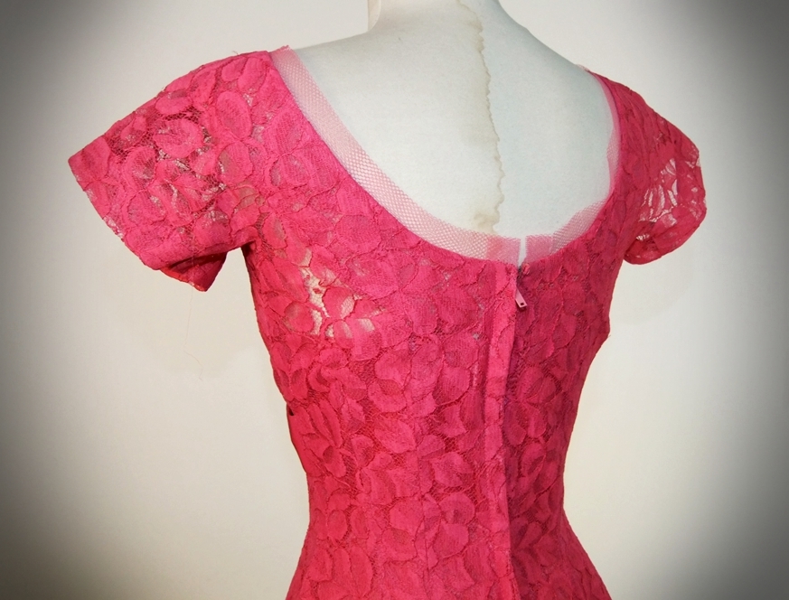 Suzy Perette of New York designer vintage hot pink lace and net cocktail dress 