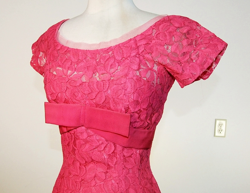Suzy Perette of New York designer vintage hot pink lace and net cocktail dress 