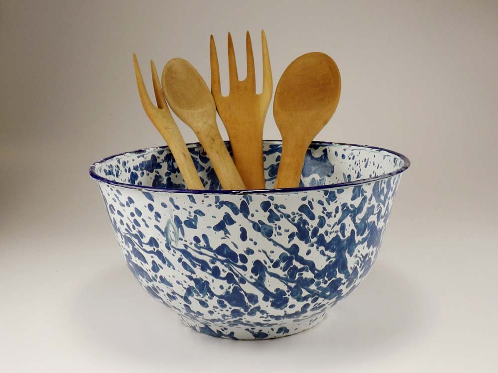 Graniteware Bowl and Decorative Wood Utensils 