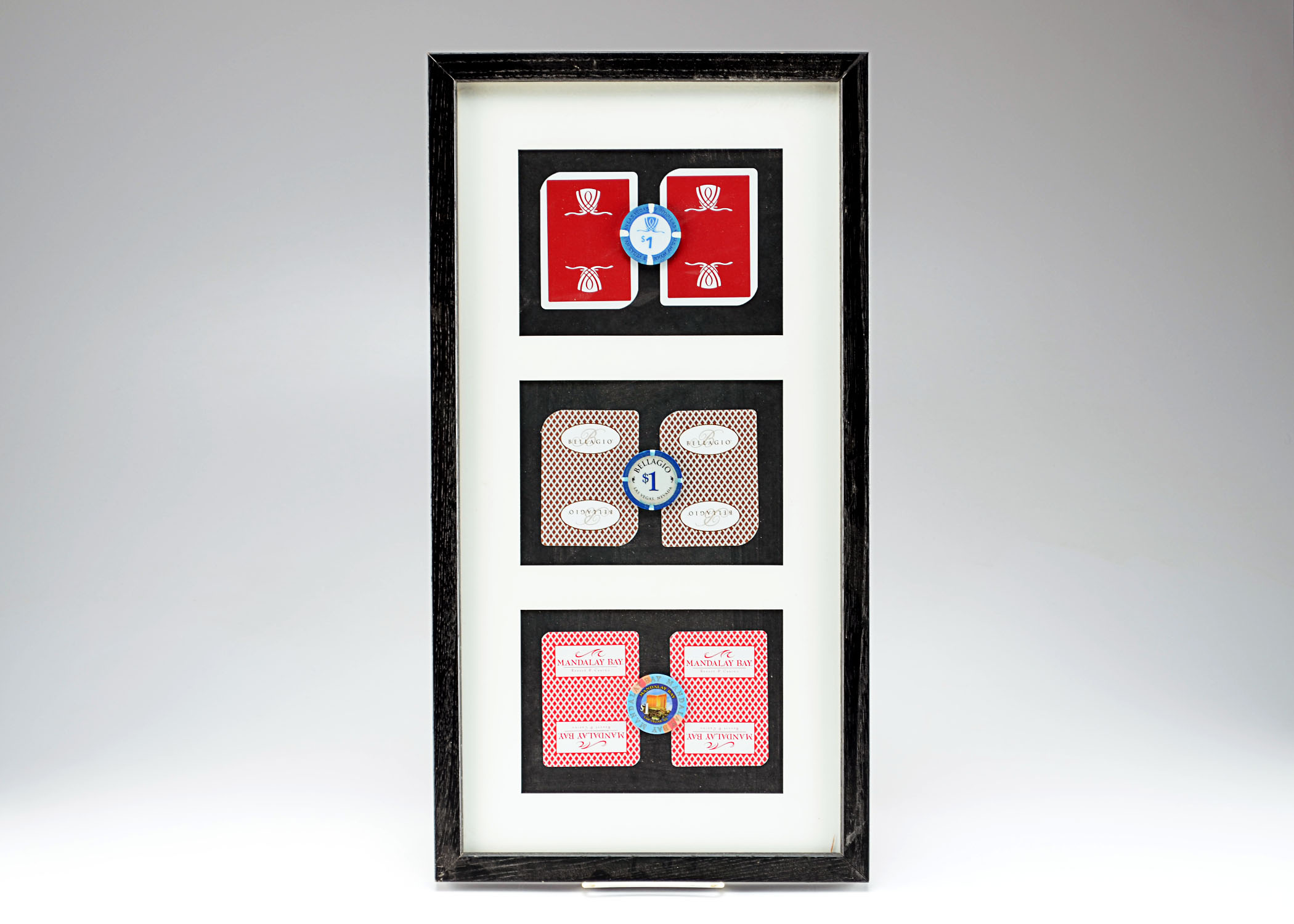 Framed Poker Chips and Cards Display, Wynn, Bellagio, & Mandalay Bay